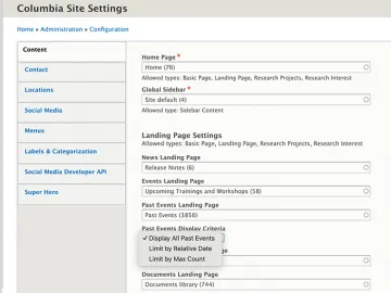 Columbia Sites settings for past events landing page