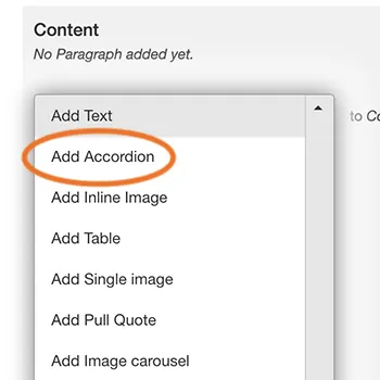 A dropdown menu of options with the words "Add Accordion" circled.