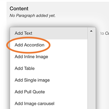 A dropdown menu of options with the words "Add Accordion" circled.