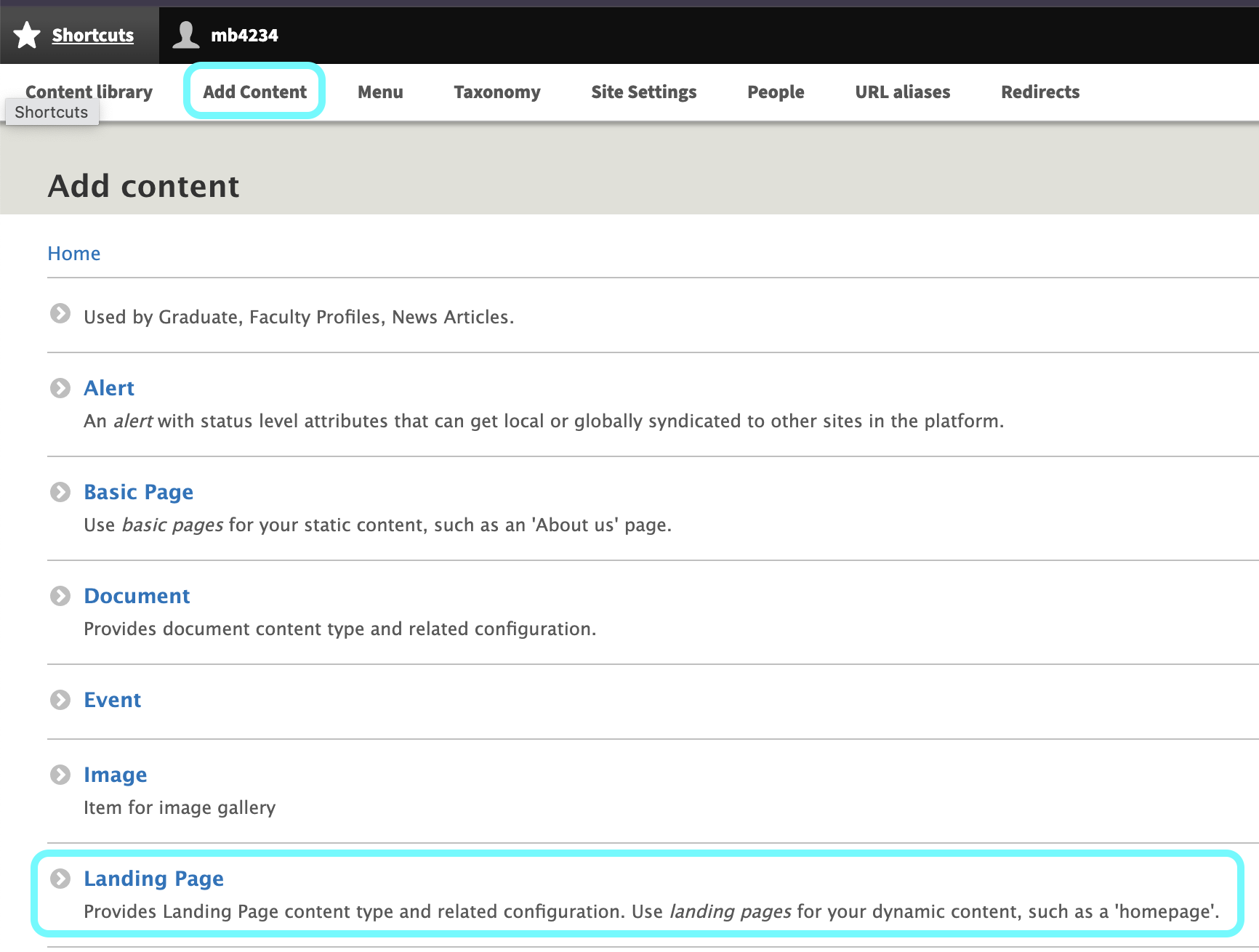 Text highlighting add content and landing page fields 