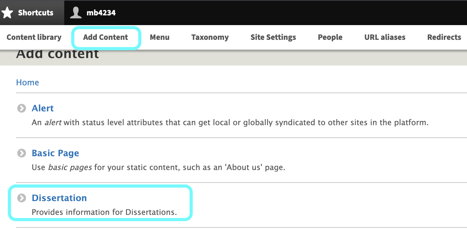 text displaying add content and dissertation as a content type 