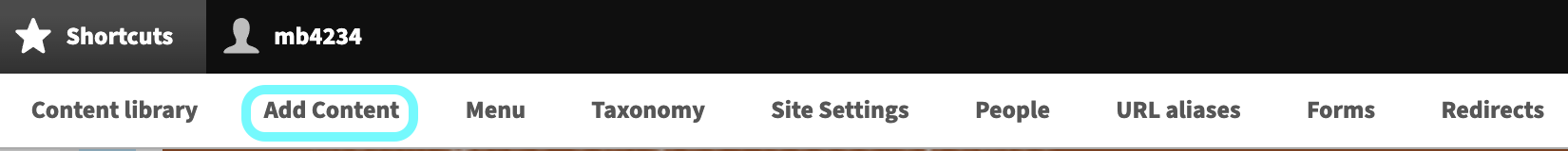 Text within the navigation menu bar and highlighting the Add Content option
