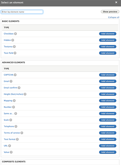 Text displaing options to enter elements within a form 
