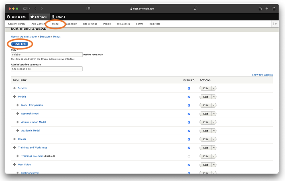 Screen grab of webpage with the words :Menu" and "Add link" circled
