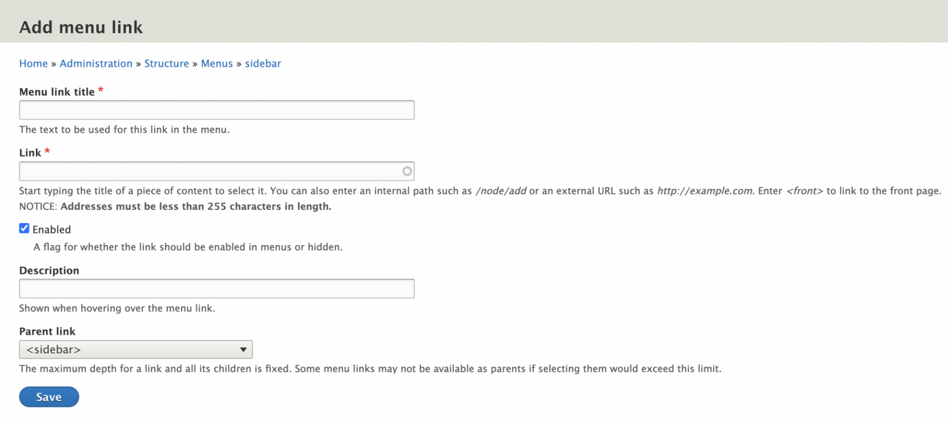 Screen grab of Add Menu Link page