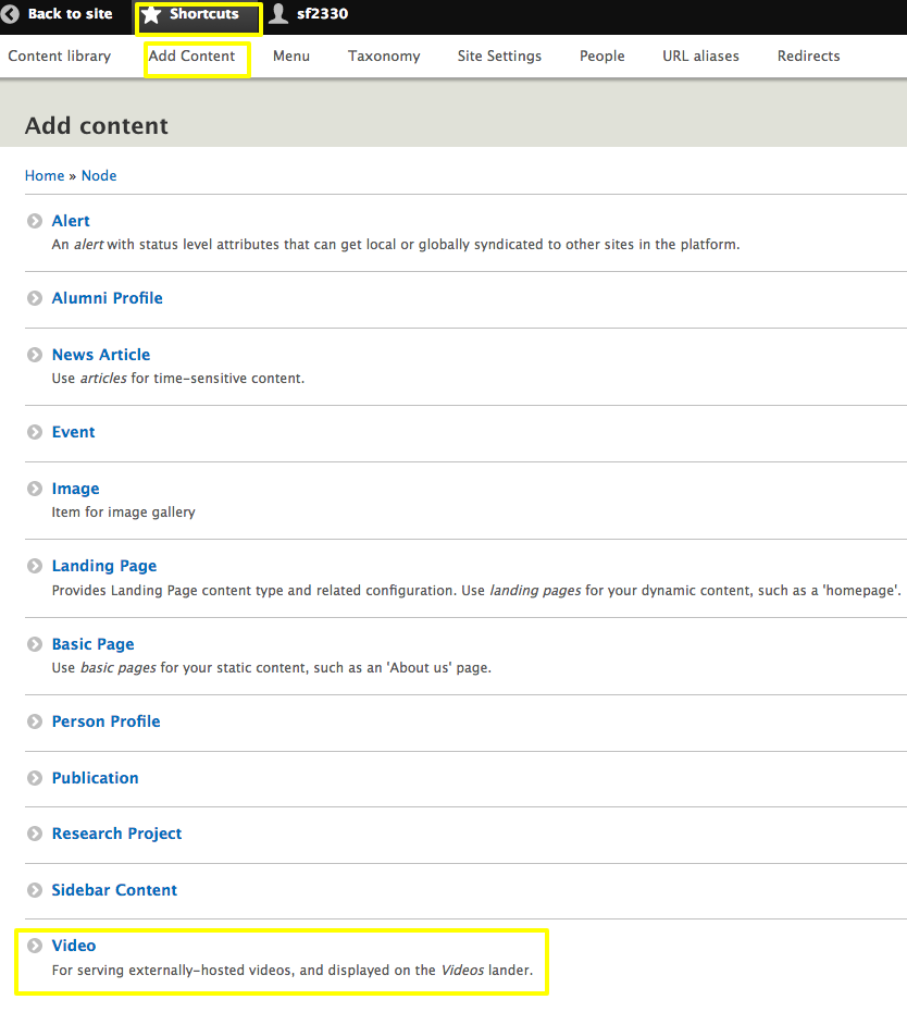 Shortcuts > Add Content > Video