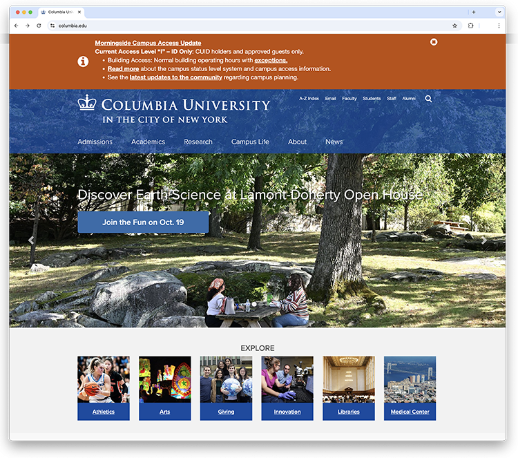 Screen grab of a webpage showing an orange band with white text above the website brand bar