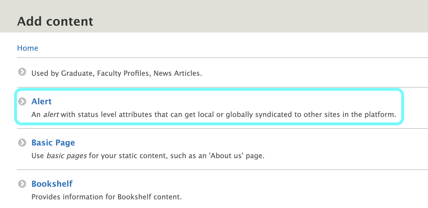 Text highlighting the Alert content type within the Add Content menu 