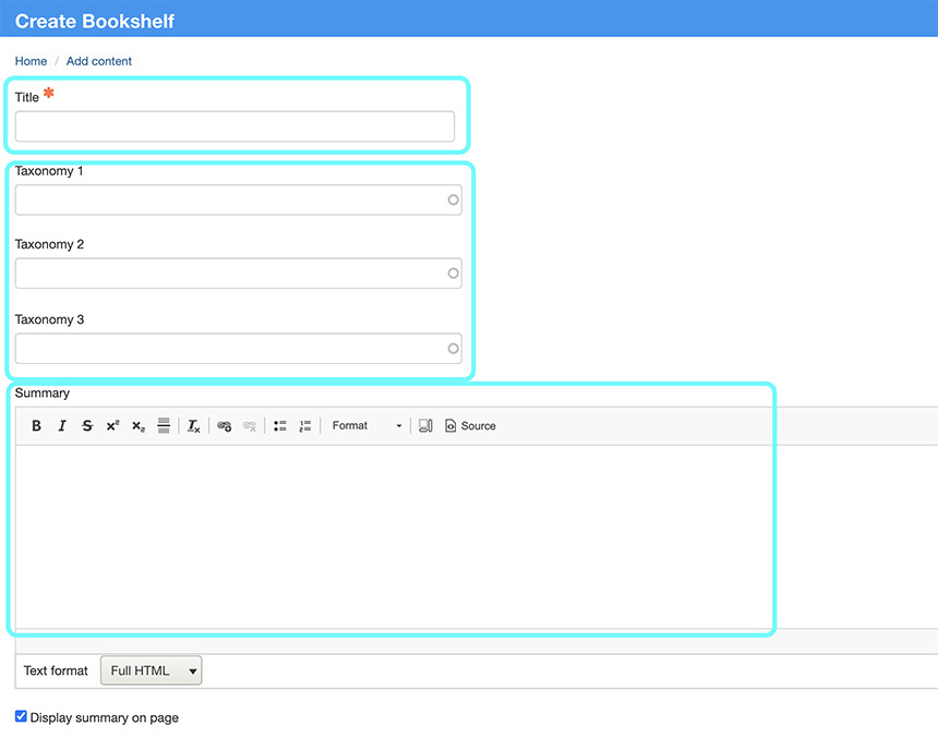 text displays add content with the highlighting of bookshelf option