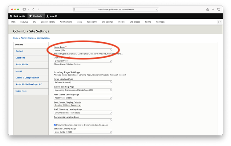 Columbia Sites site settings for default landing pages and other content