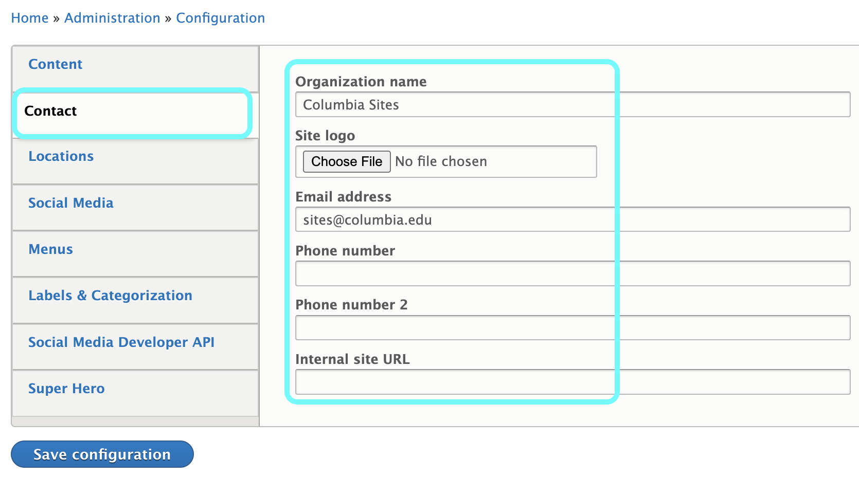text detailing site settings areas to complete 