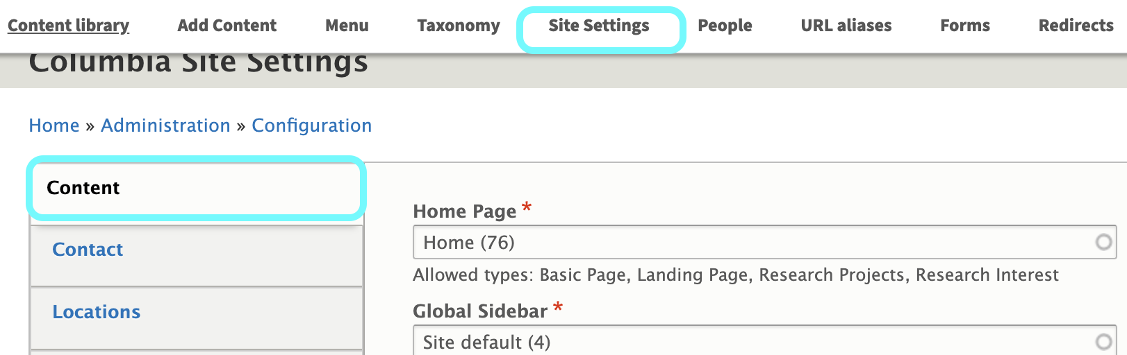 text highlighing site settings and content