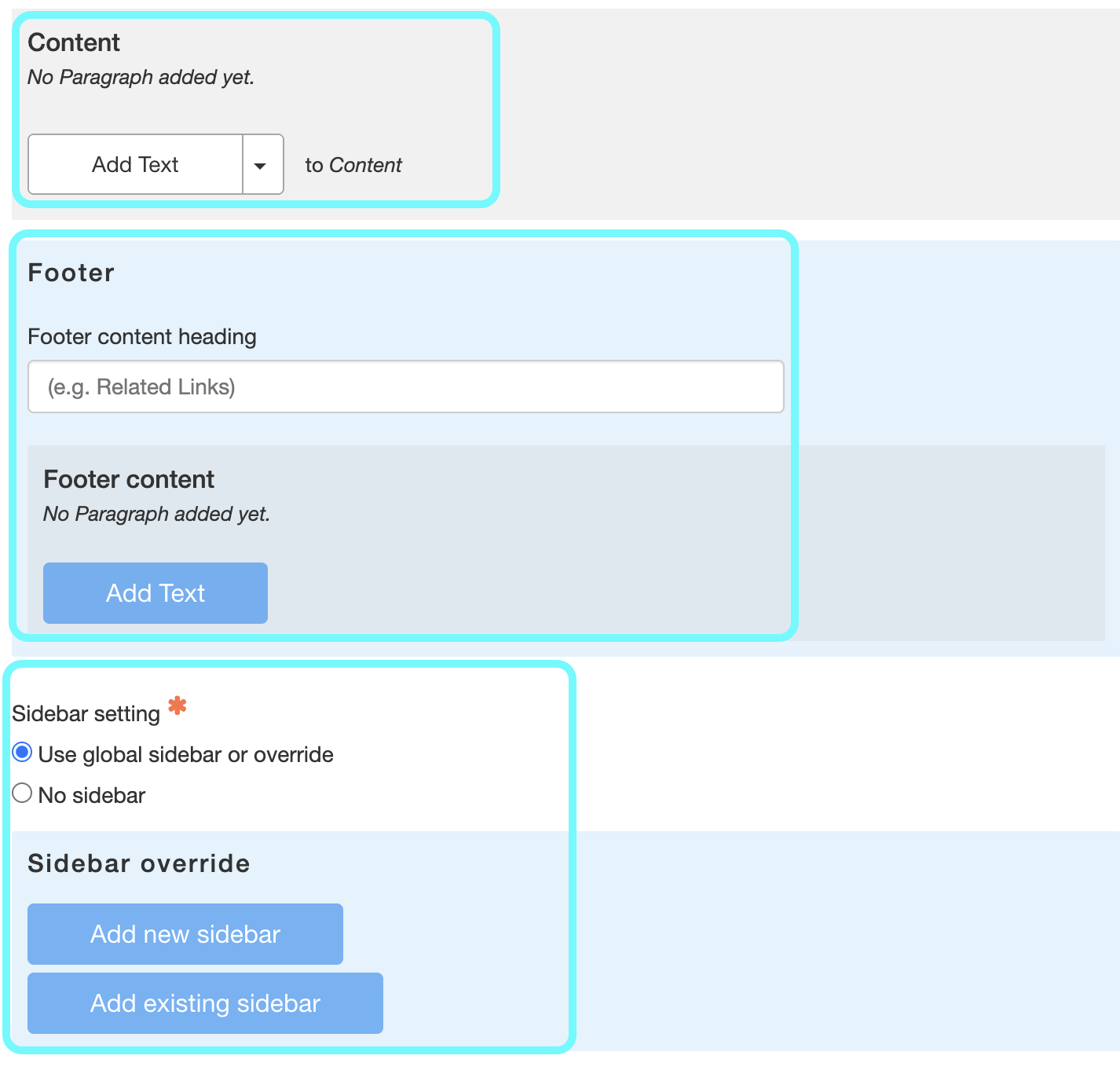 Text highlighting fields to build out basic page content