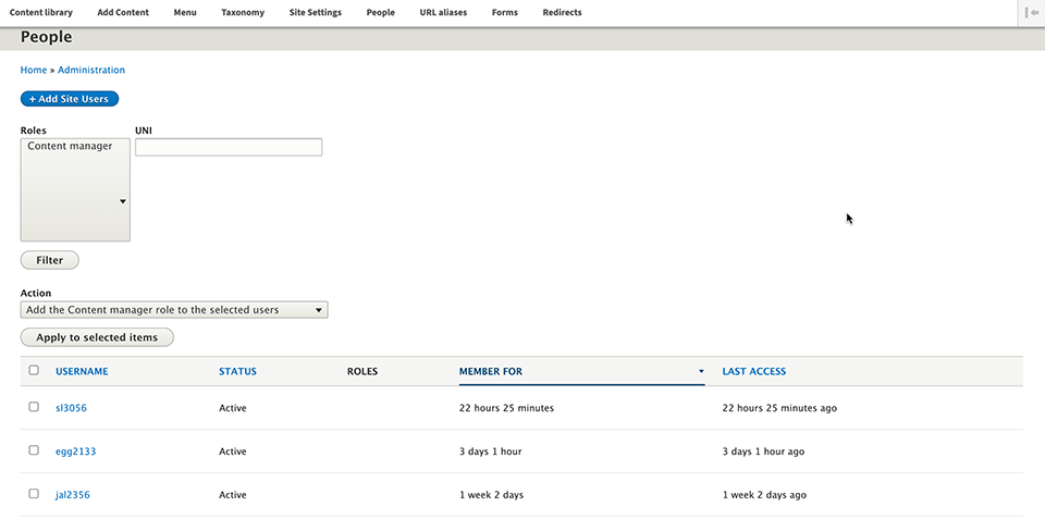 Text displaying UNI activity on the backend of a website. 