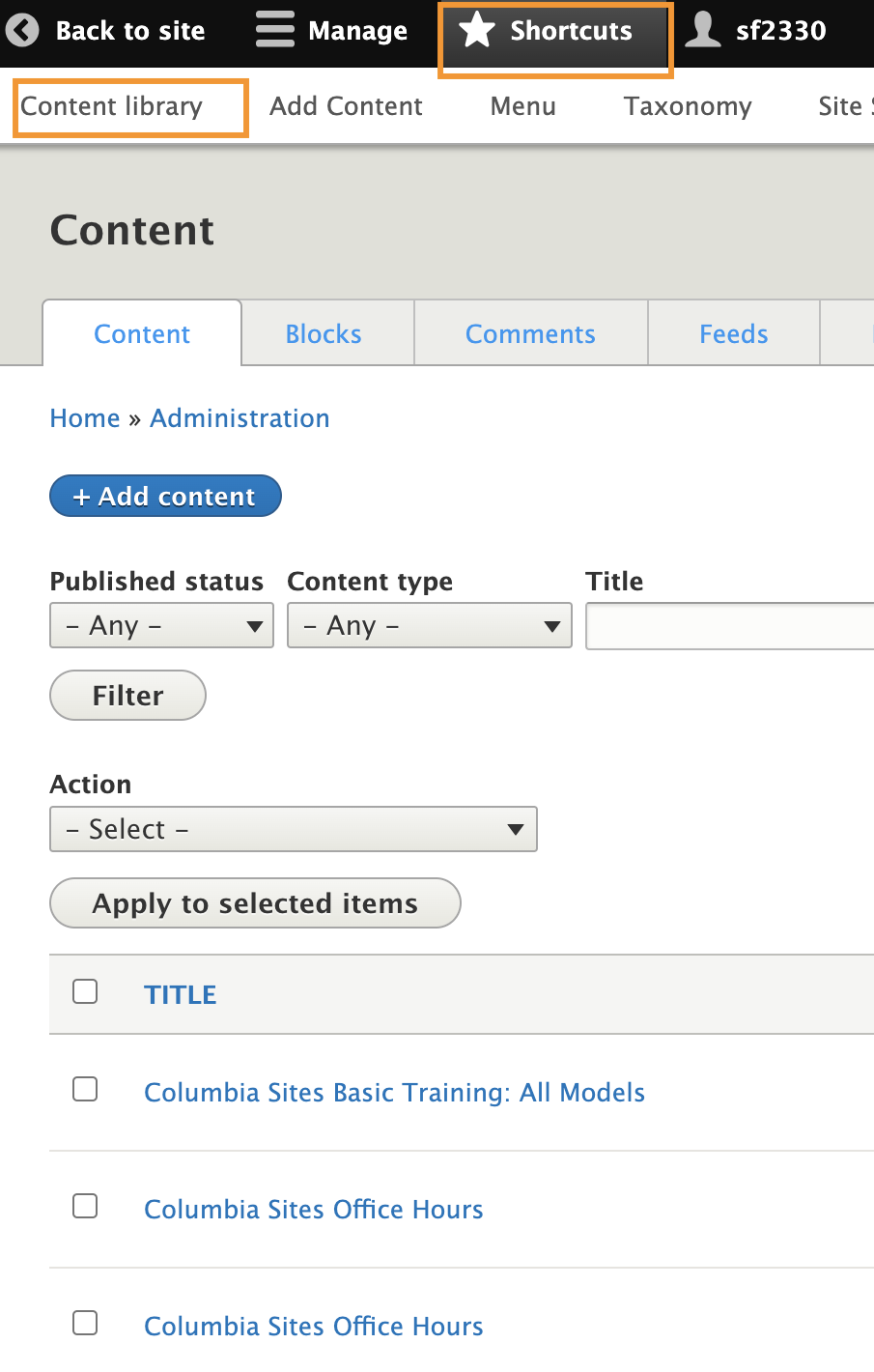 Shortcuts > Content Library