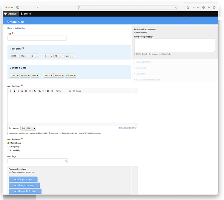 Screen grab of the "Create Alert" page