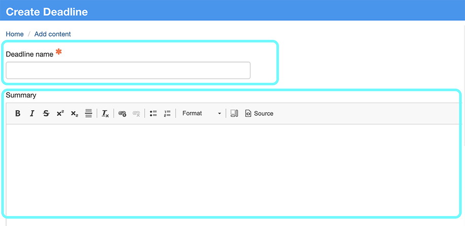 text highlghting the fields on the backend of the create deadline content type