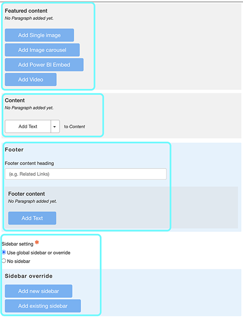 Text displaying featured content, content, footer and sidebar content options. 