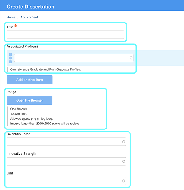 Text highlighting the fields needing completion within a dissertation 