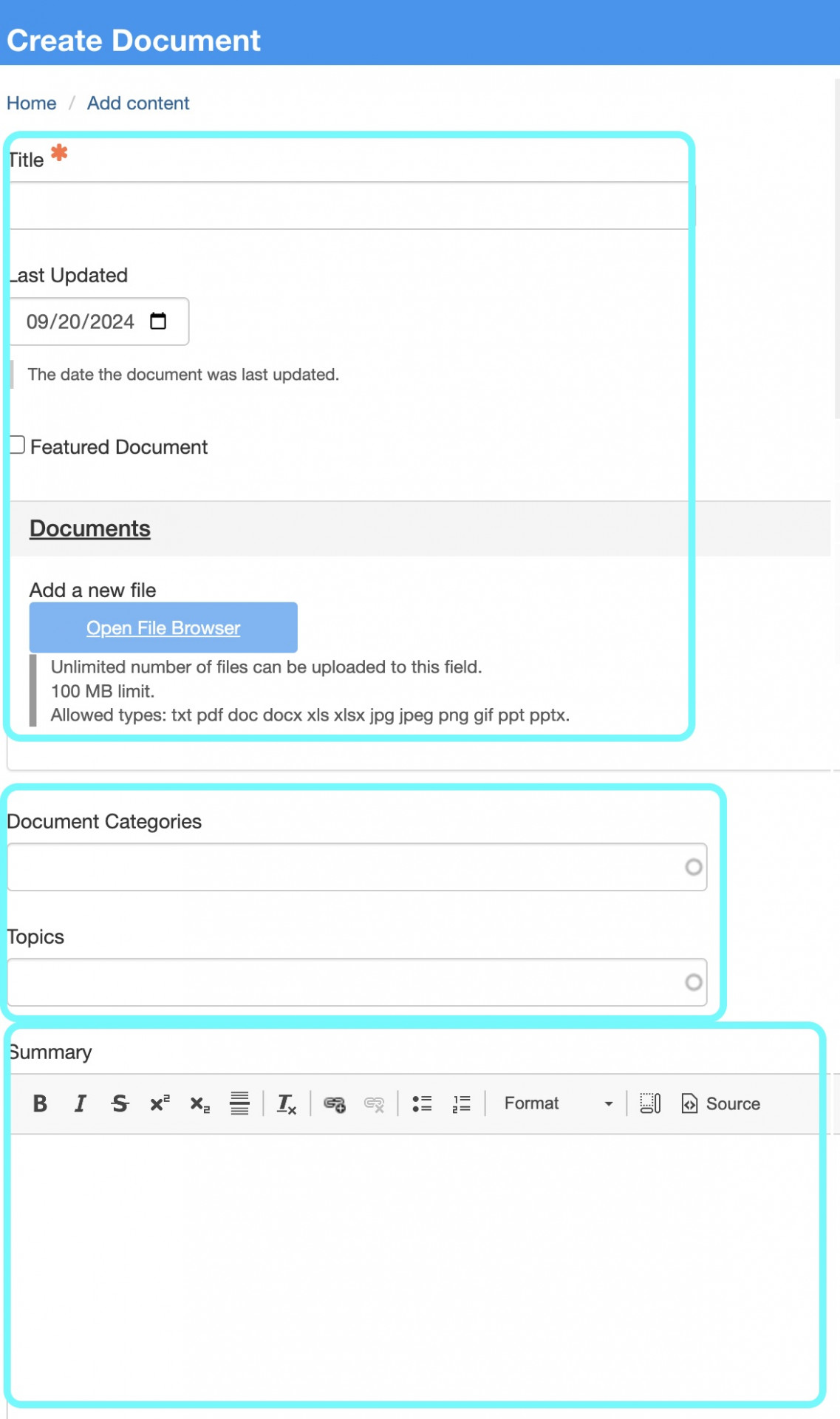 text highlights the fields needing completion on the document content type 