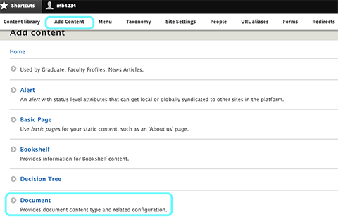 text displaying add content and document options