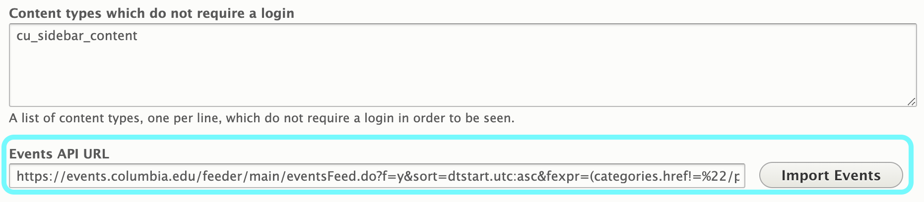text displaying the events api url feed.