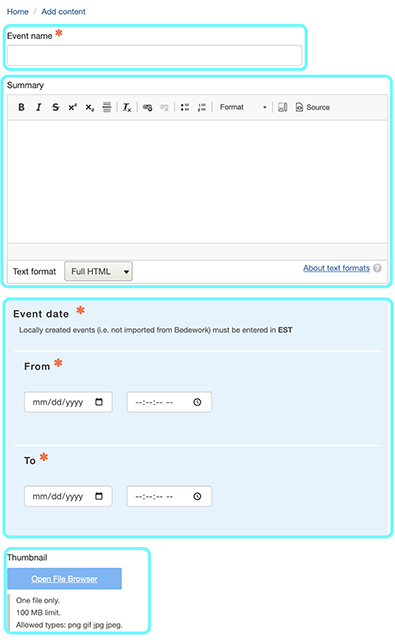 text on backend to provide event summary and start dates/times. 
