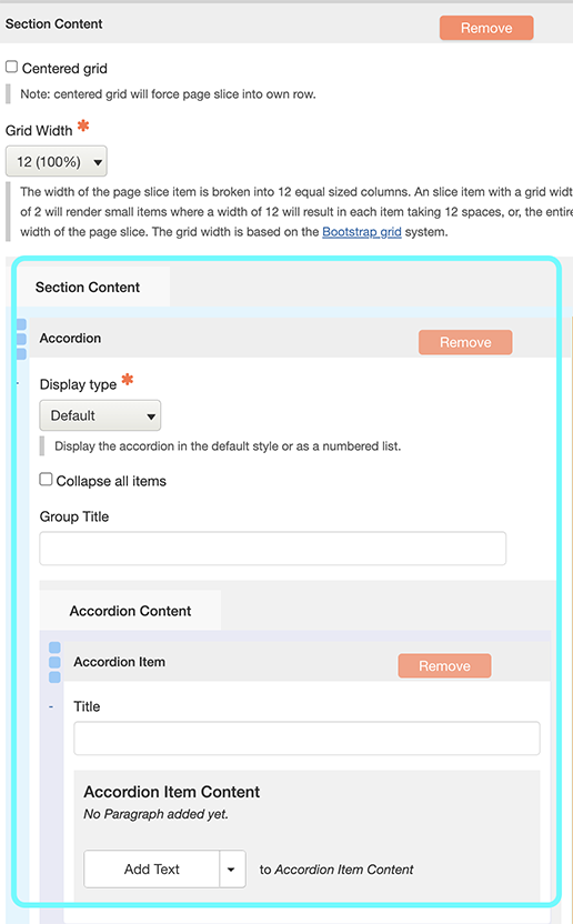 Text highlighting fields leading to the creation of an accordion