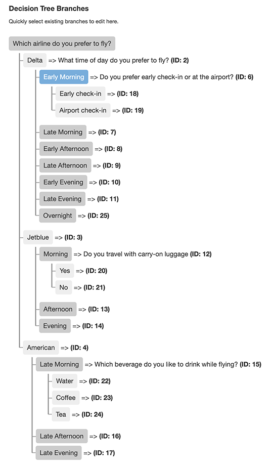 Text showcasing the backend of a decision tree questions and answers