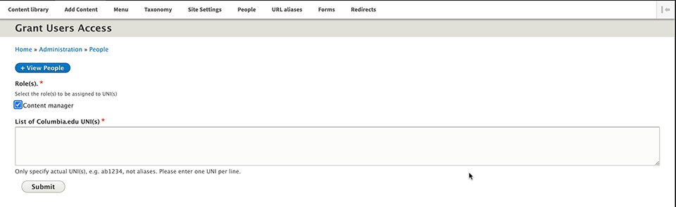 Grant Users Access text displays screen for addition of UNI details 