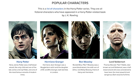 Sample images of Harry Potter characters in display of image cards