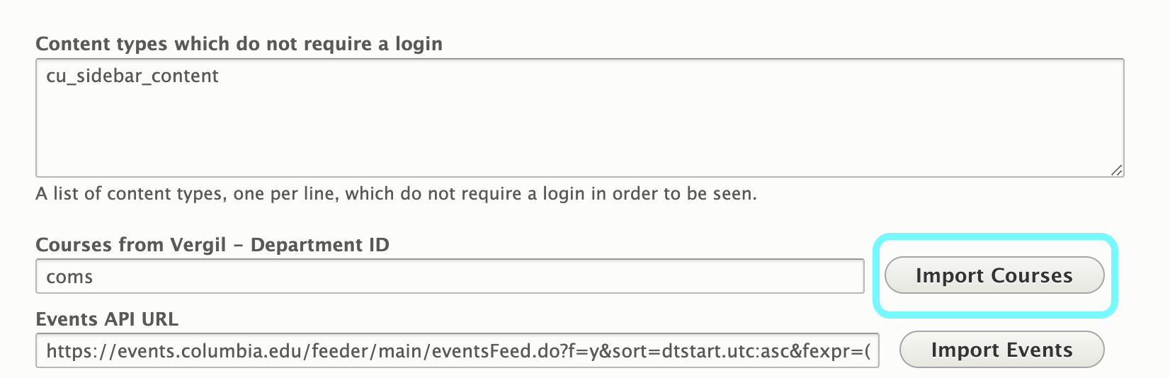 Text displaying import courses button 