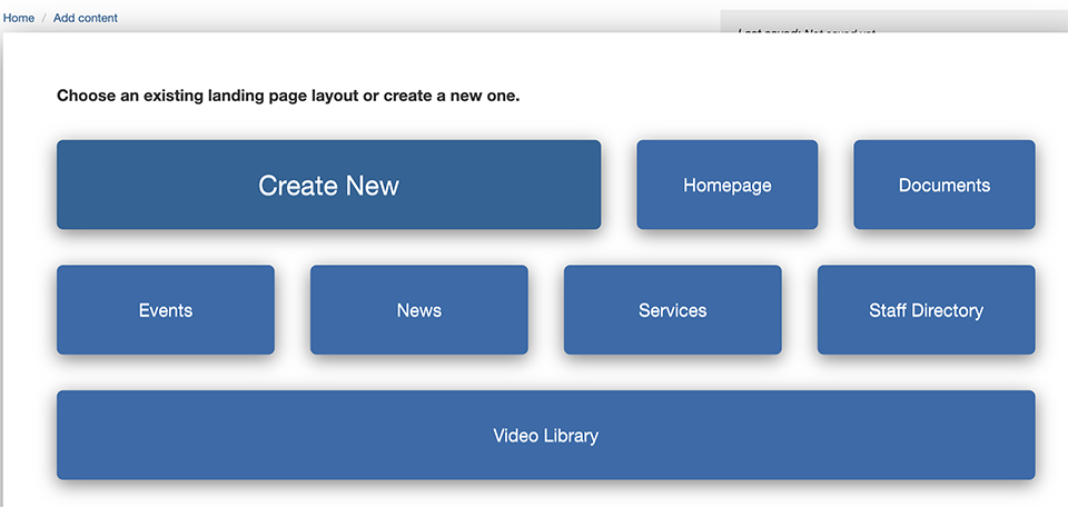 blue buttons with white text displays landing page options within Columbia Sites. 