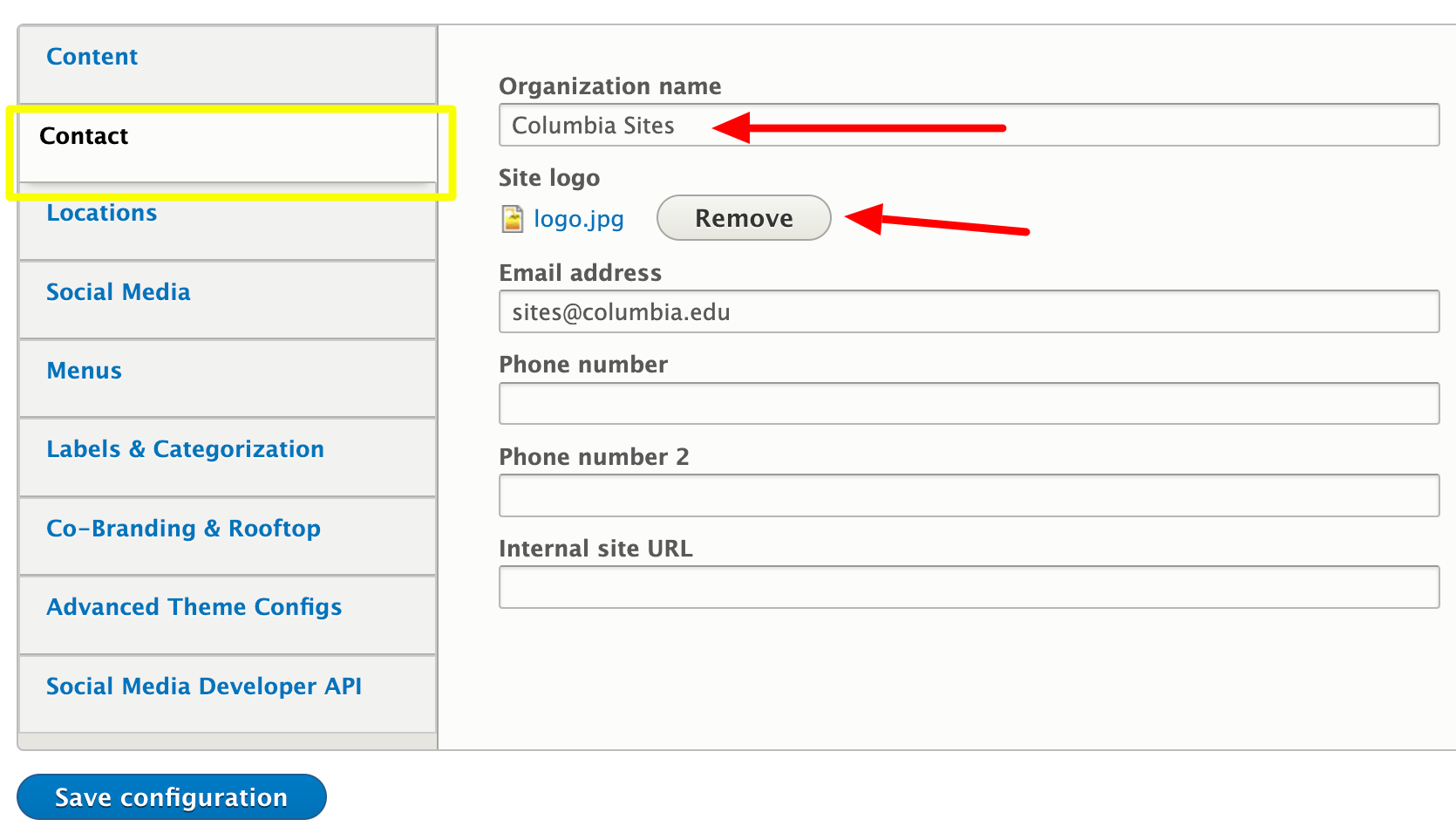 Site Settings > Contact