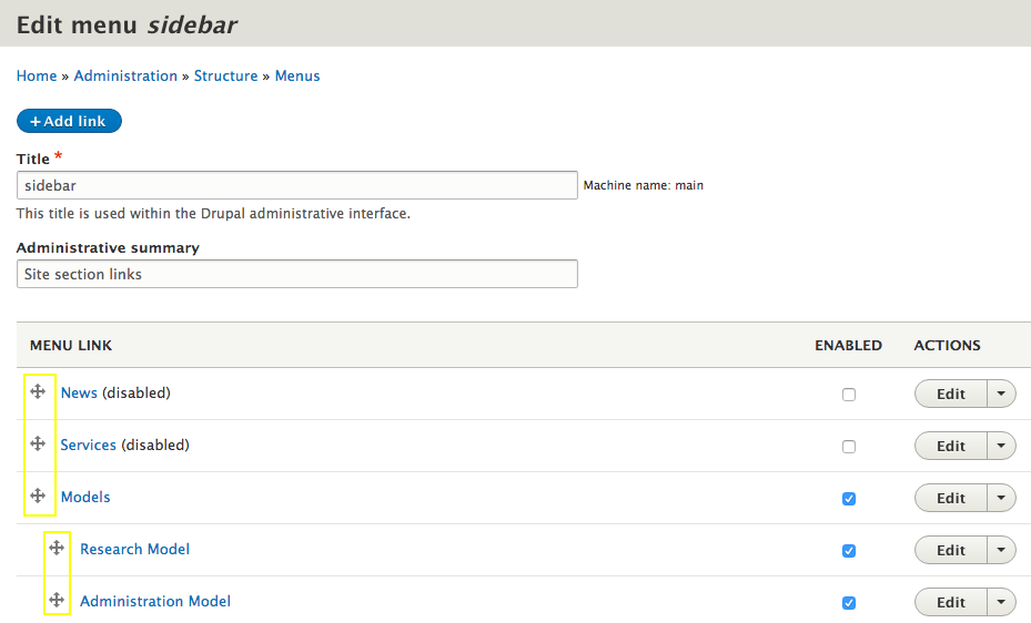 Screen grab of Edit Menu page