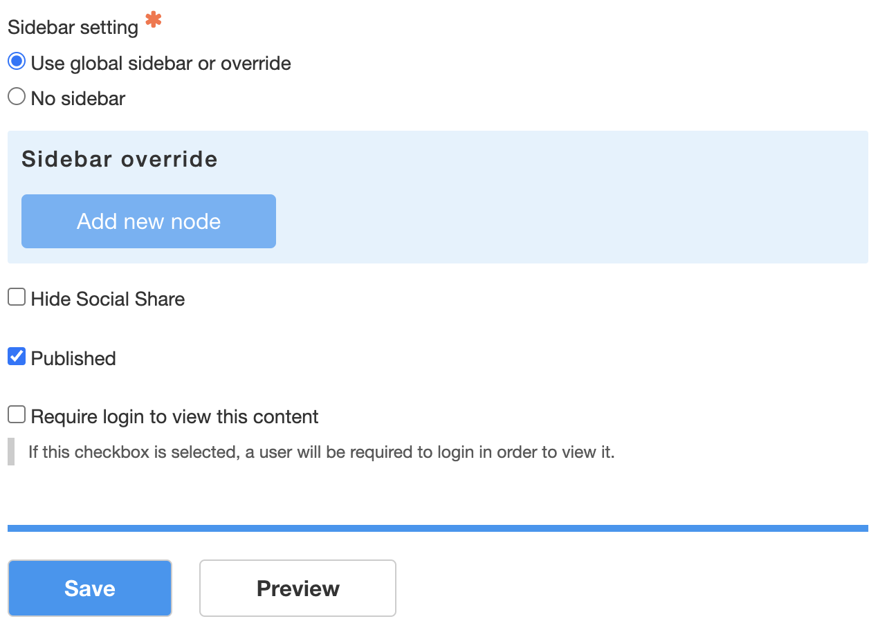 text to display side bar and save and preview 