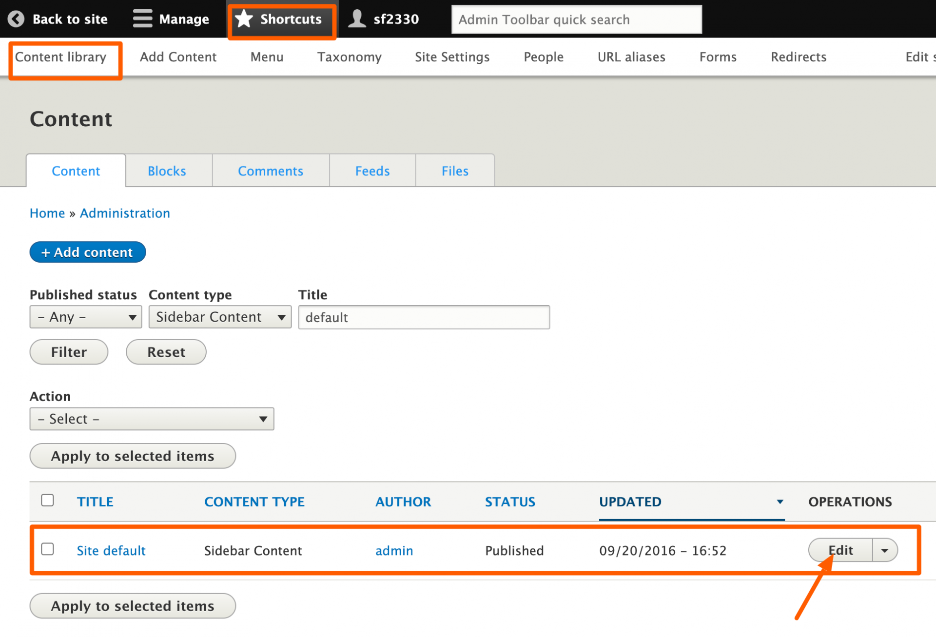 Sidebar in Content Library