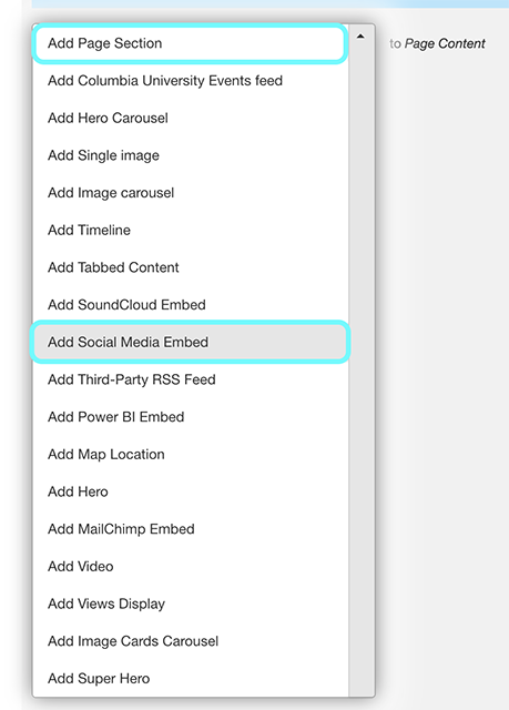 text illustrating the options to add page section and a social media embed