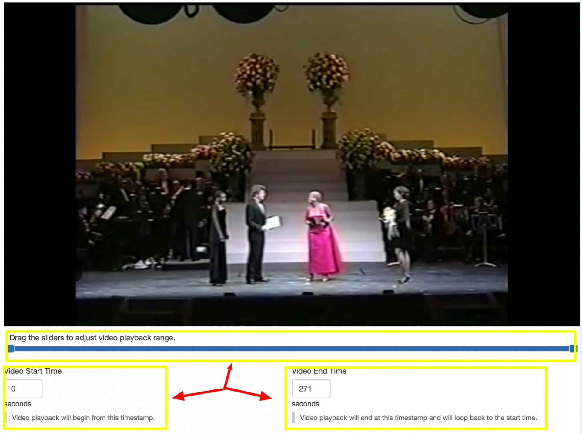 Set the start and end points of playback using the sliders below the video display, or by entering exact timestamps manually
