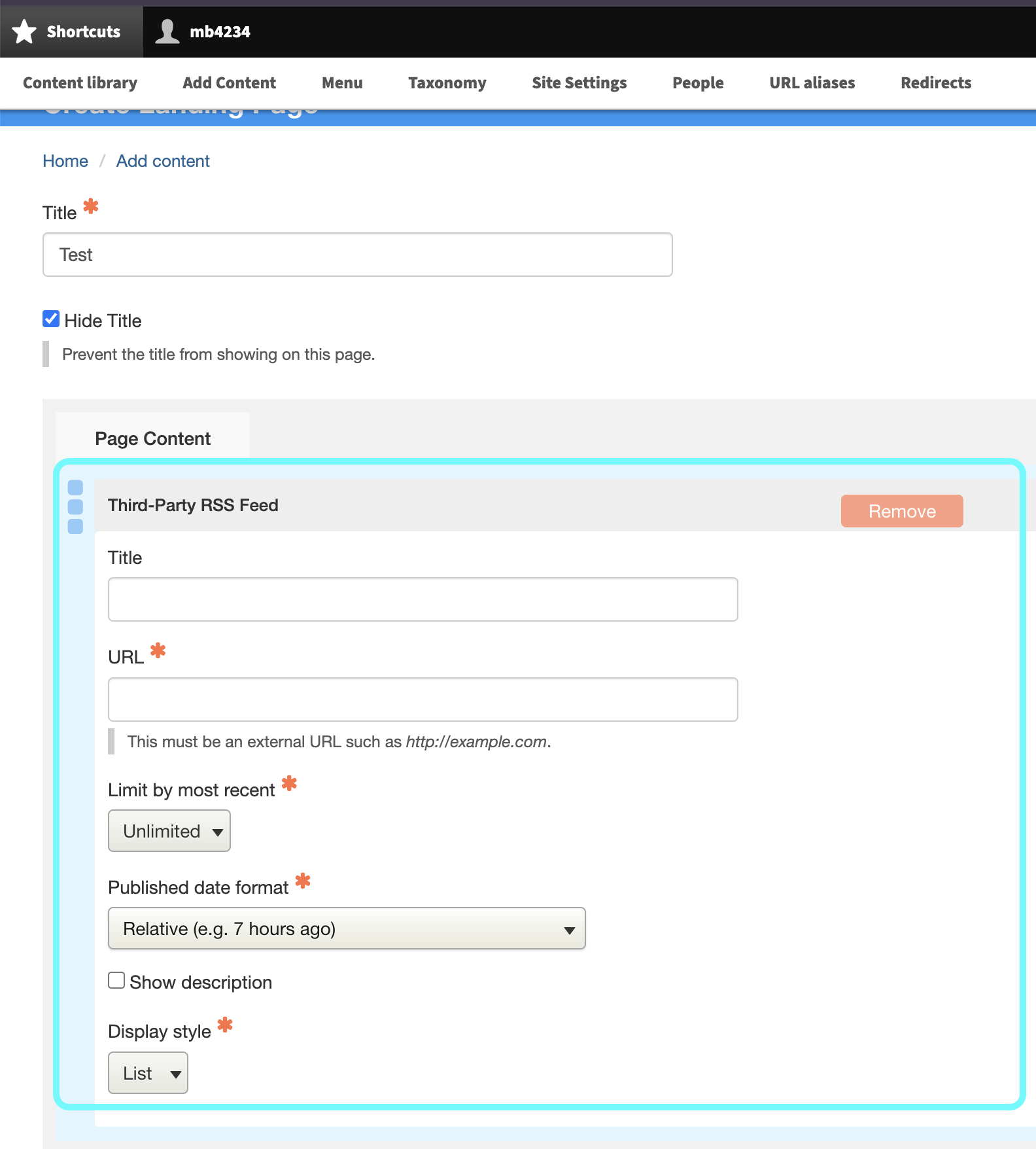 text to dispaly the fields within an RSS feed