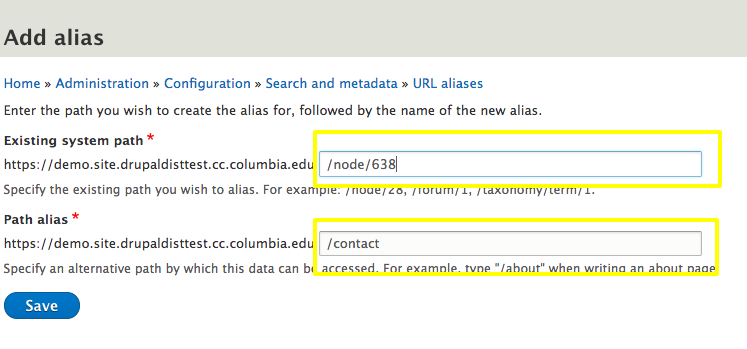 Existing system path and Path alias fields