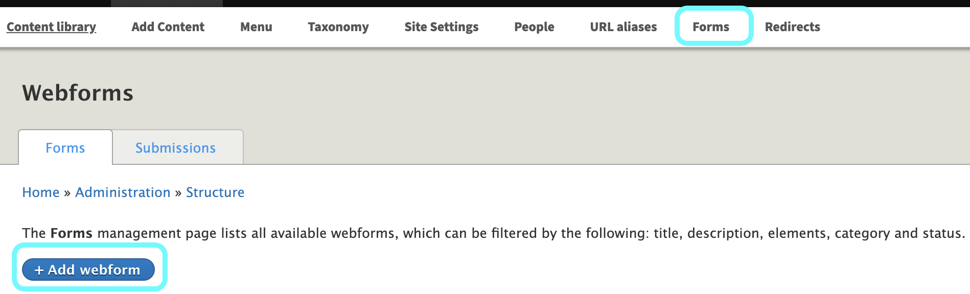 Text highlighting Adding Content and Webform