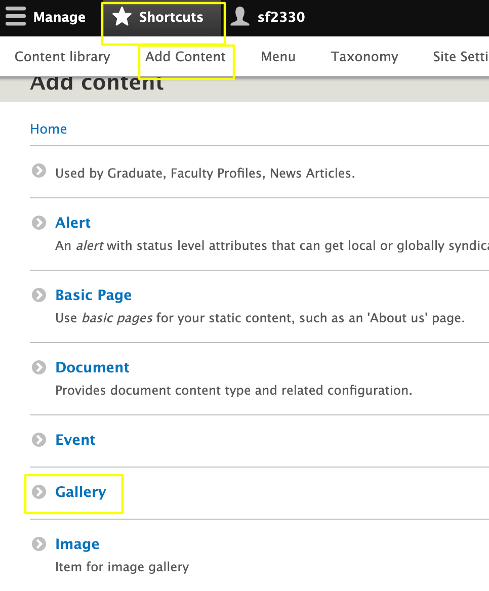 Go to: Shortcuts > Add Content > Gallery