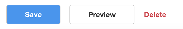 text displaying blue and white save, black and white preview, and red and white delete button options