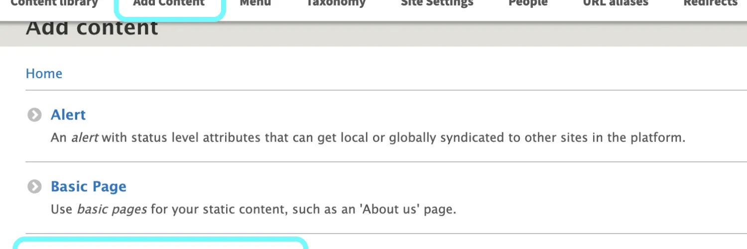 text displaying add content and dissertation as a content type 