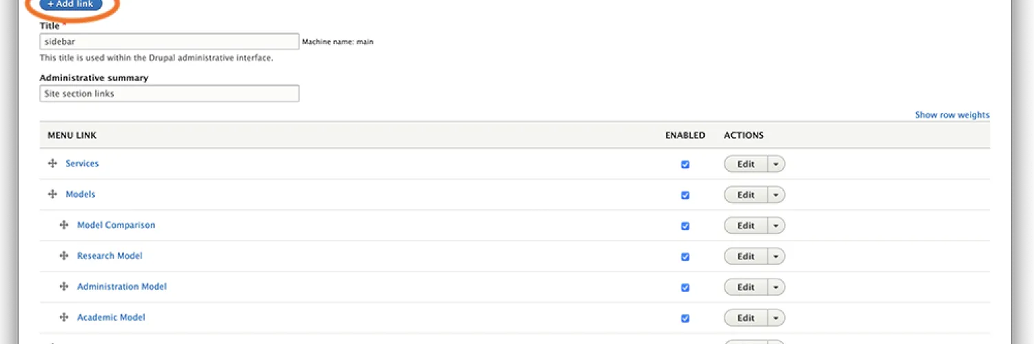 Screen grab of webpage with the words :Menu" and "Add link" circled