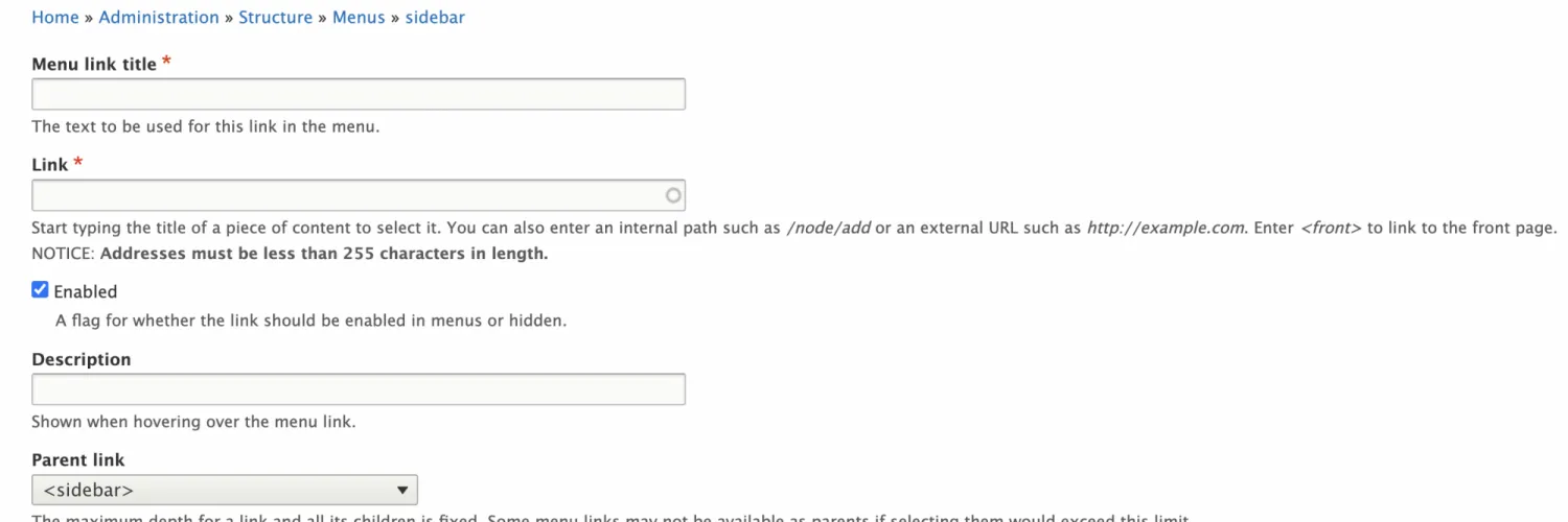 Screen grab of Add Menu Link page