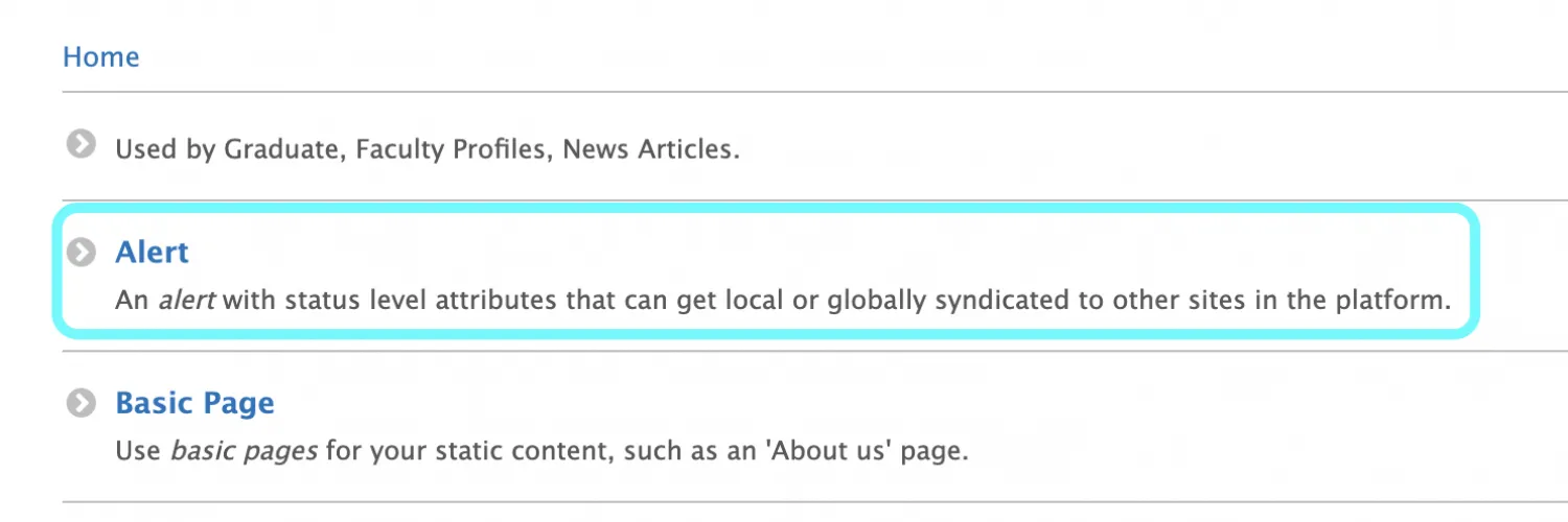 Text highlighting the Alert content type within the Add Content menu 