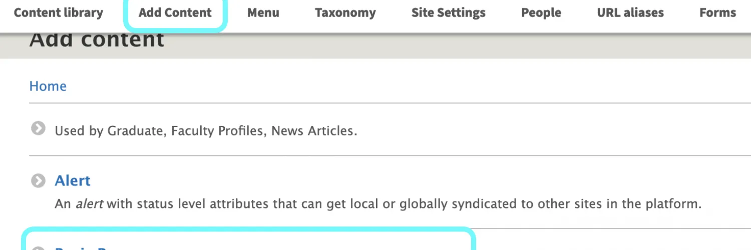 Text highlighting basic page and add content. 