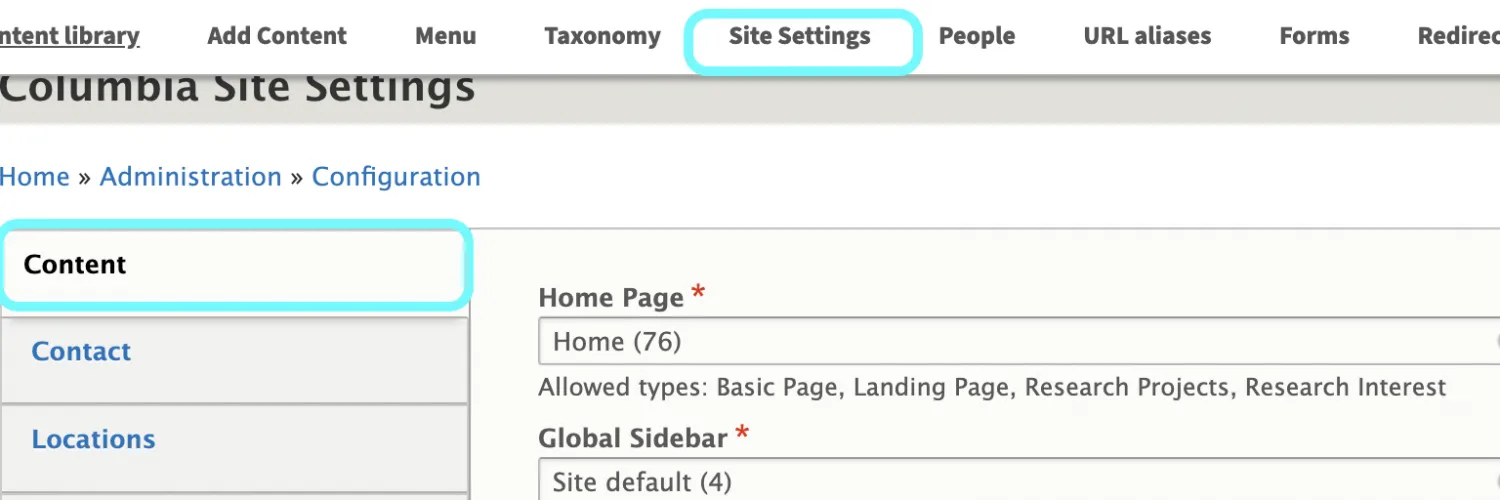 text highlighing site settings and content